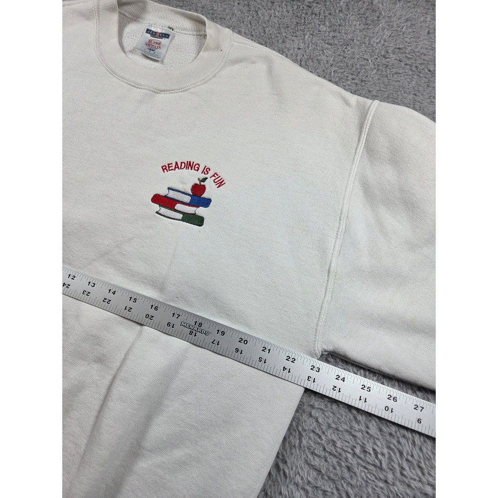 Jerzees Sweatshirt Large Cream Unisex Reading Is Fun Books Embroidered Vintage - Picture 3 of 7